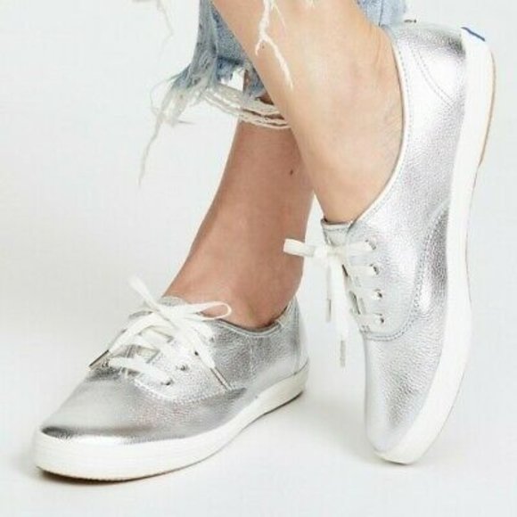 Kate Spade X Keds Metallic Silver Leather Champion Sneakers NWT Size 8.5 NEW - Picture 1 of 2
